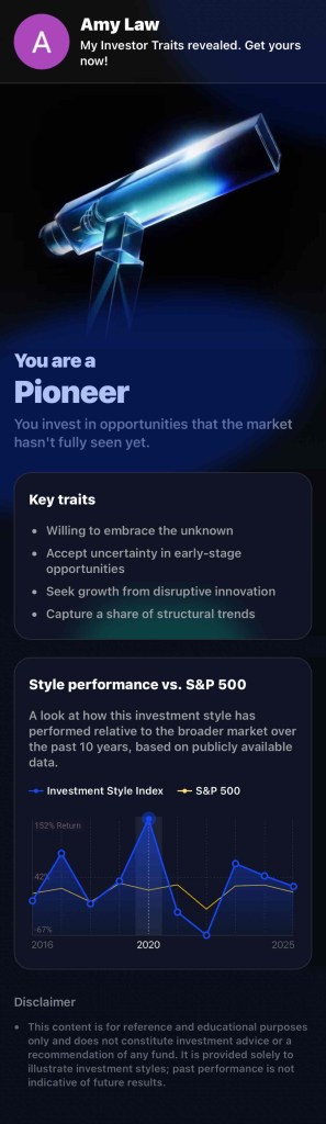 Amy Law A My Investor Traits revealed. Get yours now! You area Pioneer You inves