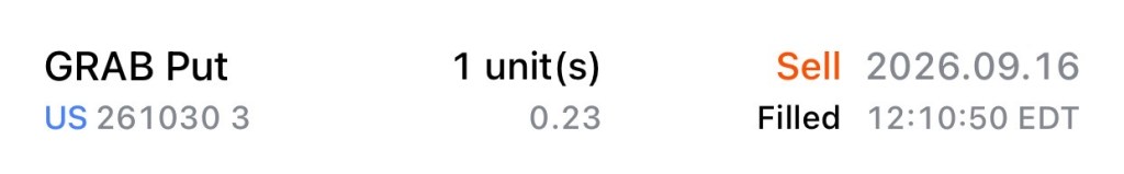 GRAB Put 1 unit(s) Sell 2026.09.16 US2610303 0.23 Filled 12：10：50EDT
