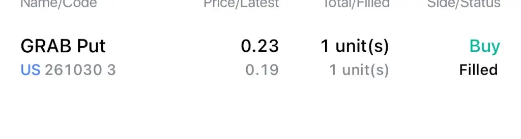 Name/Code Price/Latest Total/Filled Side/Status GRAB Put 0.23 1 unit(s) Buy US 2