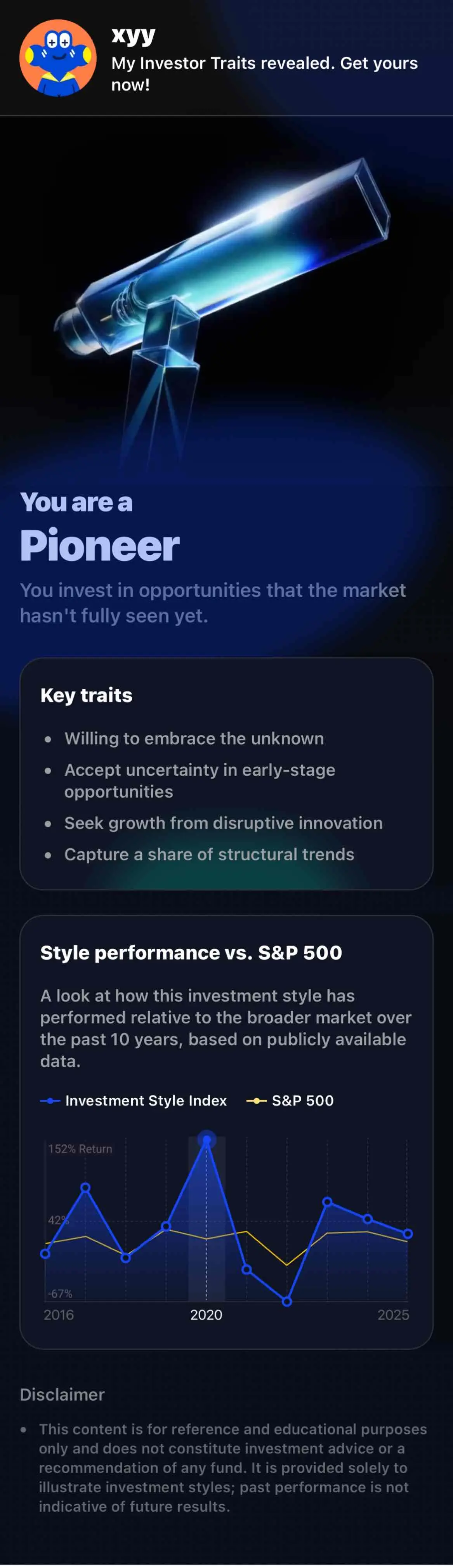 ++ xyy My Investor Traits revealed. Get yours now： You are a Pioneer You invest 
