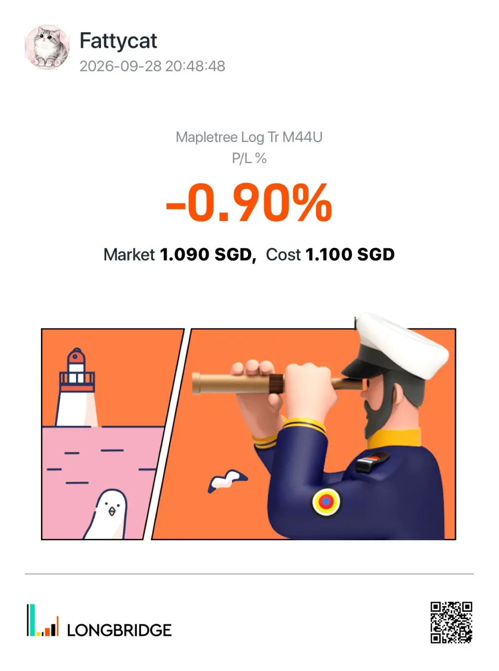 Fattycat 2026-09-2820:48:48 Mapletree Log Tr M44U P/L% -0.90% Market 1.090 SGD,