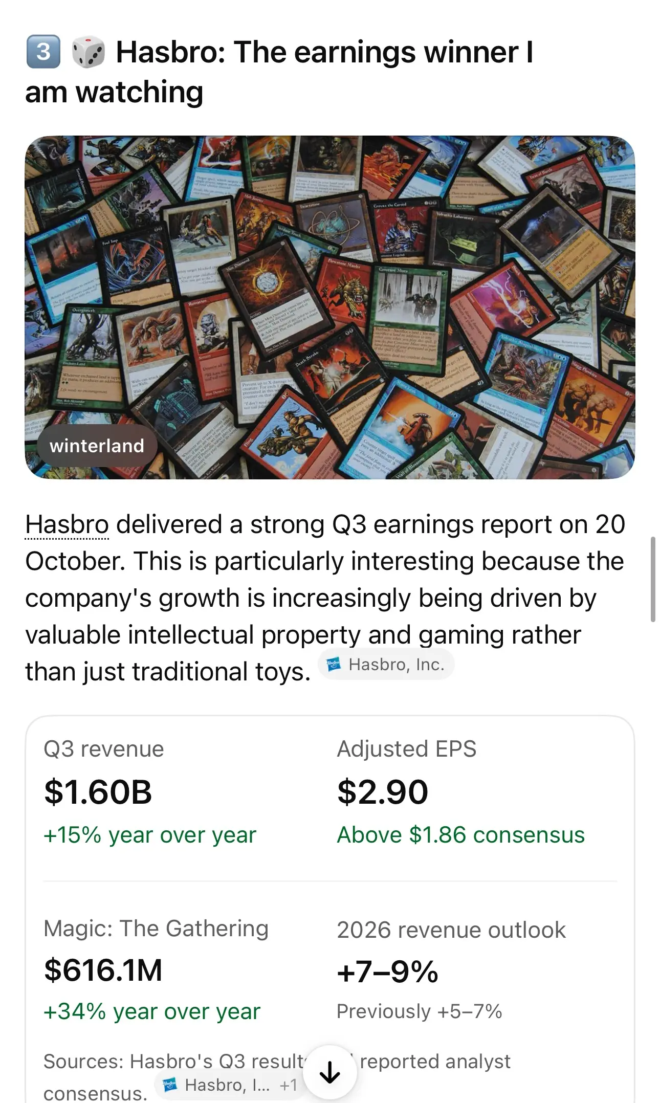 3 Hasbro: The earnings winner I am watching winterland Hasbro delivered a strong