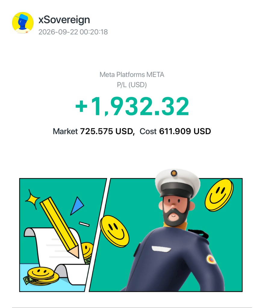 xSovereign 2026-09-2200：20：18 Meta PlatformsMETA P/L(USD) +1，932.32 Market 725.5