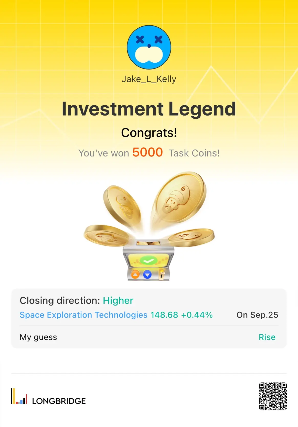 × × Jake_L_Kelly Investment Legend Congrats! You've won 5000 Task Coins! Closing