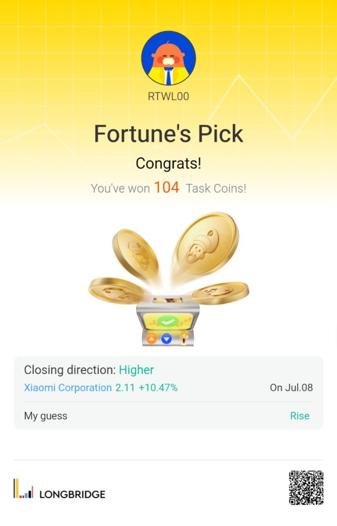 RTWL00 Fortune's Pick Congrats! You've won 104 Task Coins! Closing direction： Hi