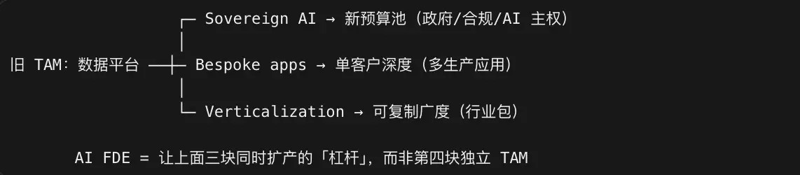 一 Sovereign AI → 新预算池 (政府/合规/AI 主权) 旧TAM： 数据平台 合十 Bespoke apps →单客户深度(多生产应用) 一 V